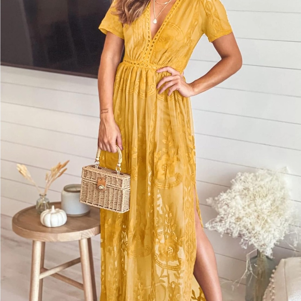 Honey Punch Mustard Lace Maxi Dress